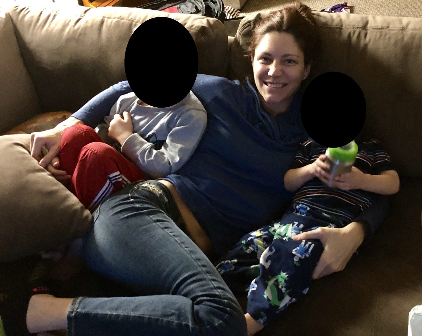 On the couch with my Older Son and my Younger Son, December 2018.