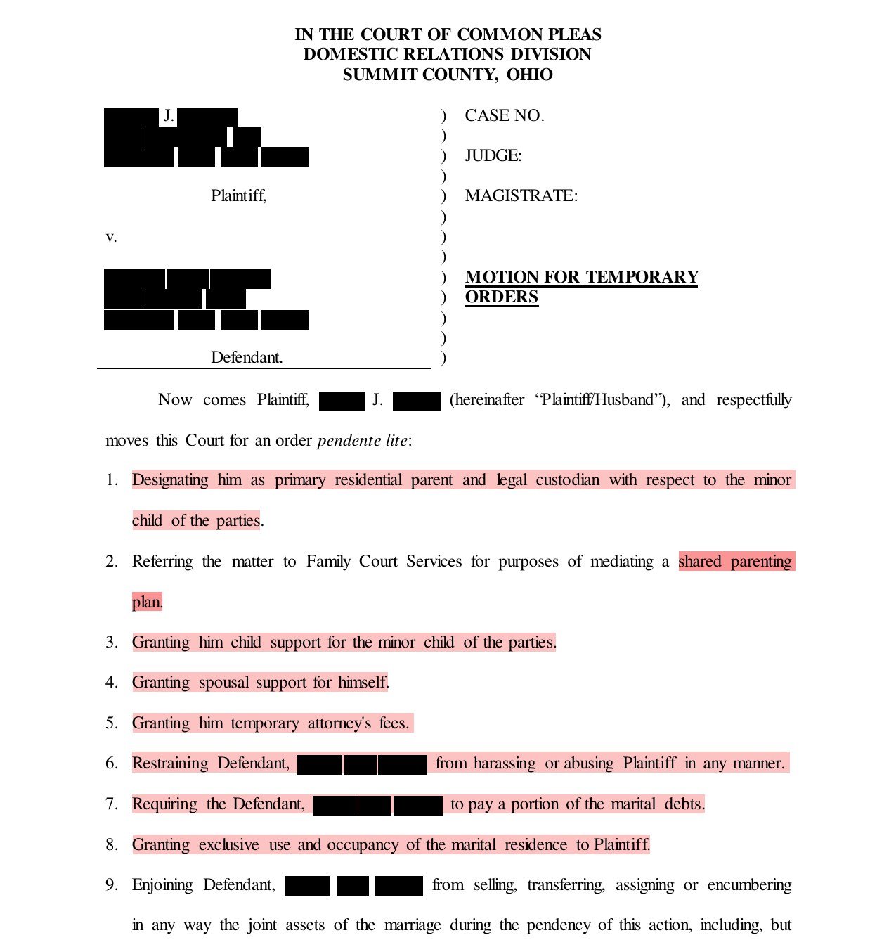 Lisa Carey Dean's motion for temporary orders, March 21, 2022, page one. Party names and addresses are redacted.