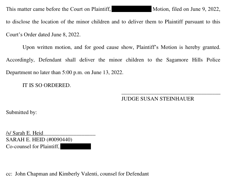 June 14, 2022 order granting the motion to disclose location and deliver the children, redacted