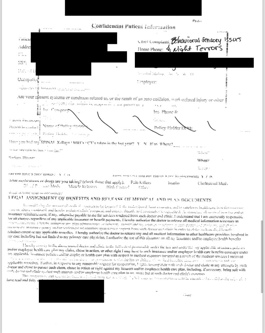 Chiropractic intake form dated 7/25/2017, redacted, with the chief complaint handwritten: Behavioral Sensory Issues and Night Terrors