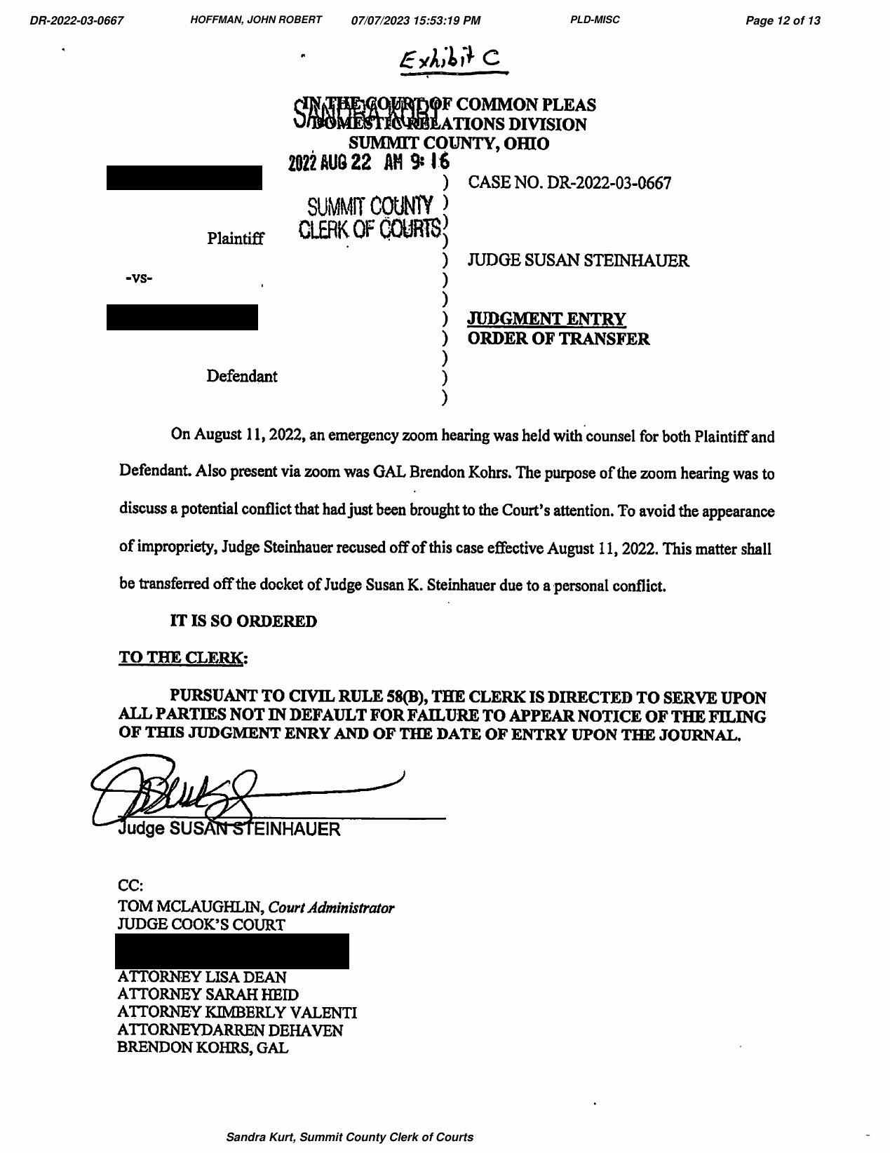 August 22, 2022 Judgment Entry, Order of Transfer, signed by Judge Susan Steinhauer, names redacted