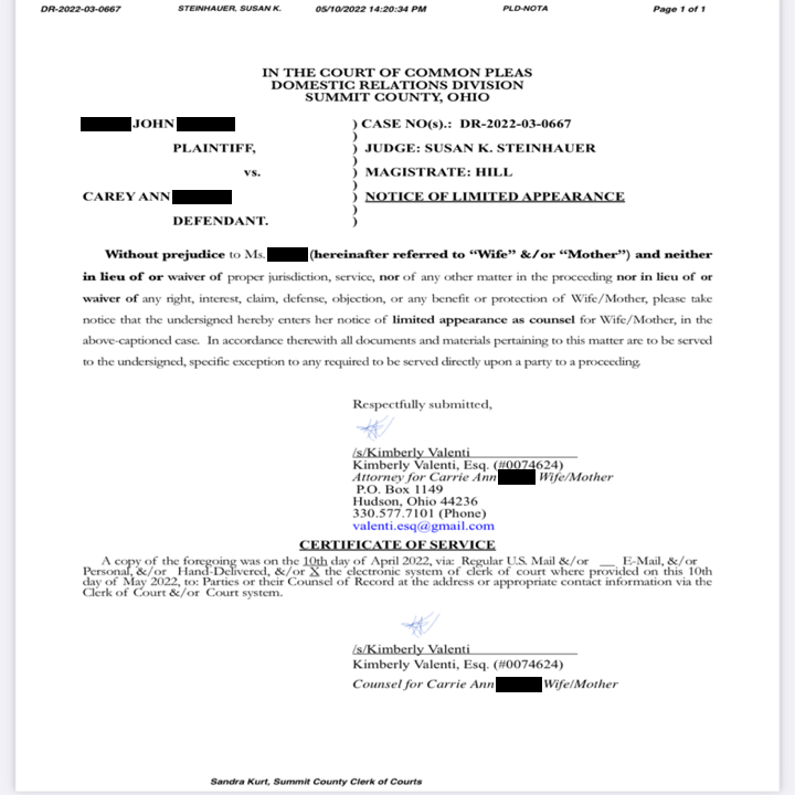 May 10, 2022 Notice of Limited Appearance signed by Kimberly Valenti, names redacted
