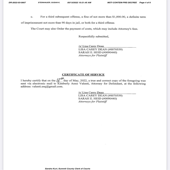 May 13, 2022 Motion for Contempt certificate of service to Kimberly Valenti