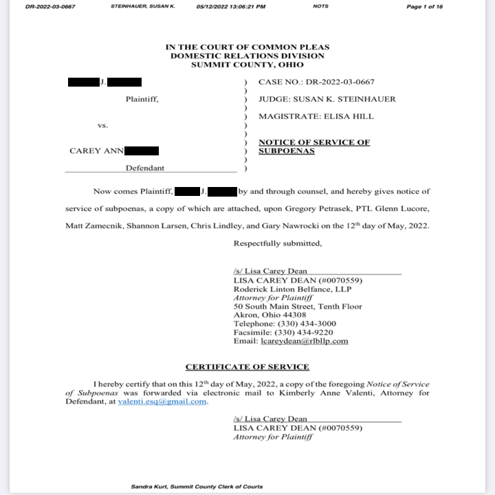 May 12, 2022 Notice of Service of Subpoenas served on Kimberly Valenti by email, names redacted